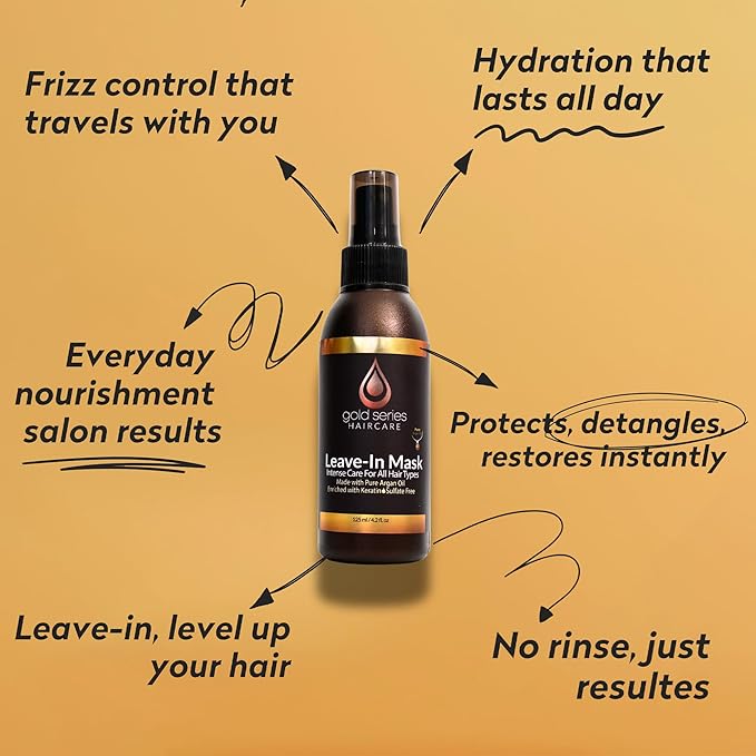 Gold Series Leave-In Hair Mask – Argan Oil Hair Mask Enriched with Keratin – Nourishing and Gently Detangling Leave In Conditioner Spray for Curly, Frizzy or Damaged Hair, 4.2 Fl.oz