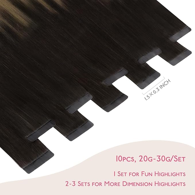WENNALIFE Tape in Hair Extensions Human Hair Dark Brown to Chestnut Brown and Dirty Blonde Highlighted Tape in Extensions, 10pcs 30g 20 inch Remy Invisible Tape Ins Straight Colored Soft Refill Set