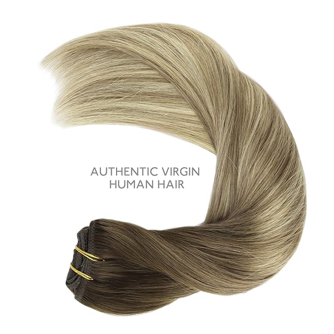 WENNALIFE Clip in Hair Extensions Real Human Hair, 16 Inch 120g 7pcs Ombre Walnut Brown to Ash Brown and Bleach Blonde Clip in Human Hair Remy Clip in Hair Extensions Real Human Hair Double Weft