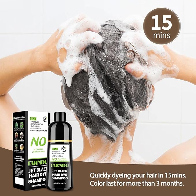 Jet Black Hair Dye Shampoo Ammonia-free & PPD-free, Natural Herbal Ingredients 3 in 1 Hair Color Shampoo for Women Men Gray Hair Coverage