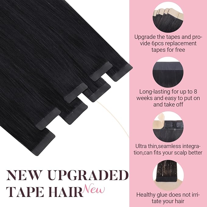 MAXITA Tape in Hair Extensions Human Hair Jet Black 22 Inch Hair Extensions Real Human Hair Invisible Tape in Extensions Seamless Remy Extensions for Women 50g 20pcs