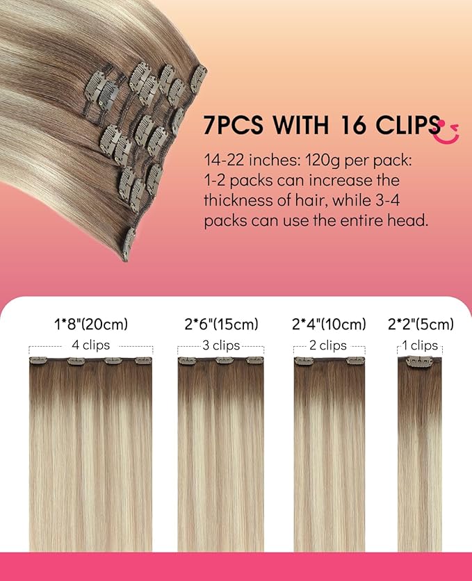 Youngsmile Human Hair Extensions Clip in Balayage Ash Brown Fading to Platinum Blond mixed Ash Blond Clip in Hair Extensions For Women Easy To Install Full Head 16inch 7Pcs 120g (CLIP#8/60/18-16Inch)