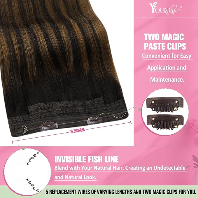 YoungSee Wire Extensions Balayage Straight Real Hair Wire Extensions Balayage Darkest Brown to Medium Brown Headband Wire Hair Extensions Real Human Hair Brown Silky Smooth Hair Extensions 18In 80G