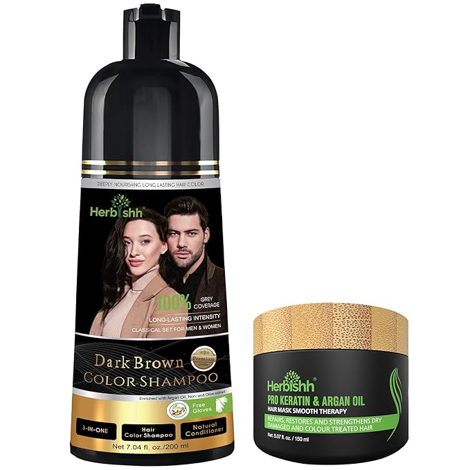 Herbishh Dark Brown Hair Dye Shampoo 200ml + Argan Hair Mask 150ml – Grey Coverage & Deep Repair Combo – Sulfate-Free & Paraben-Free