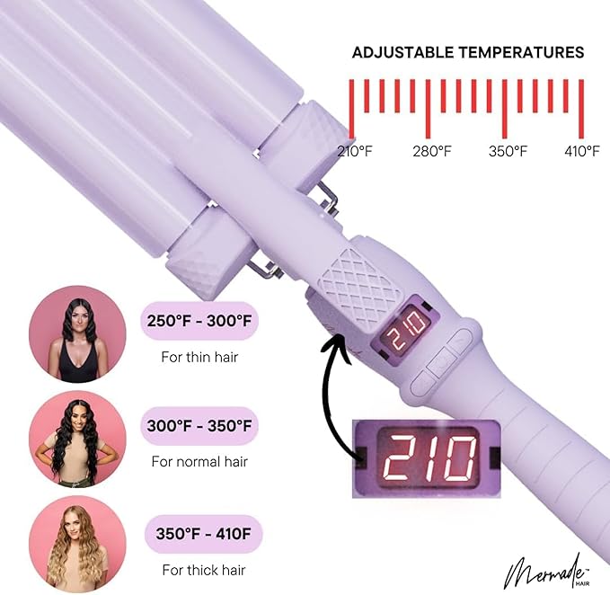 Mermade Hair PRO Hair Waver 0.9" - Hair Waver 3 Barrel, 3 Barrel Curling Iron 0.9 Inch, Ceramic Barrel Waver for Thick, Thin, Long, or Short Hair - 0.9", Lilac