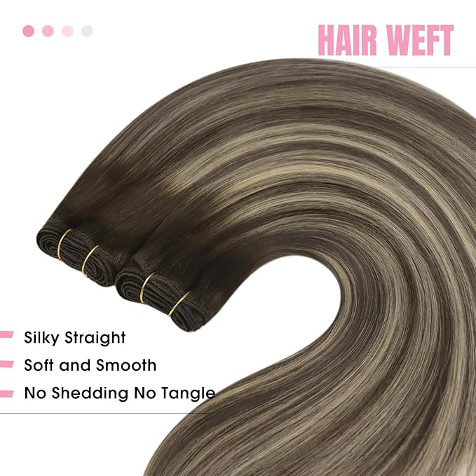 YoungSee Sew in Balayage Weft Real Human Hair Extensions Chocolate Brown with Ash Blonde Balayage 16Inch 100G