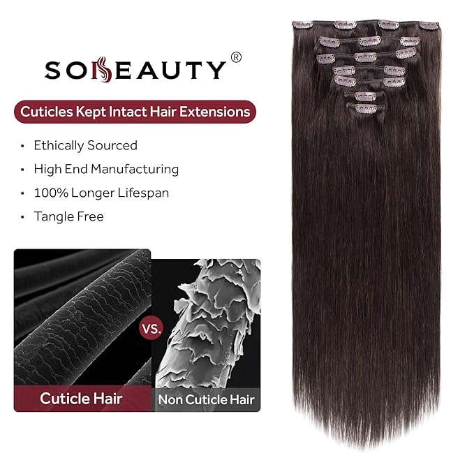 Clip in Hair Extensions Real Human Hair, Remy Human Hair Clip in Extensions for Long Hair, Dark Brown Straight Hair Extensions Add Volum add Length #2 24Inch 120G 7PCS