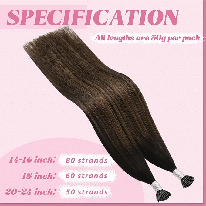 YoungSee Itip Hair Extension Real Human Hair Brown I Tip Extensions Dark Brown Balayage Brown Tip Hair Extensions Real Human Hair 14 Inch Ombre Keratin Tip Extensions Short Hair Extensions 50g 80s