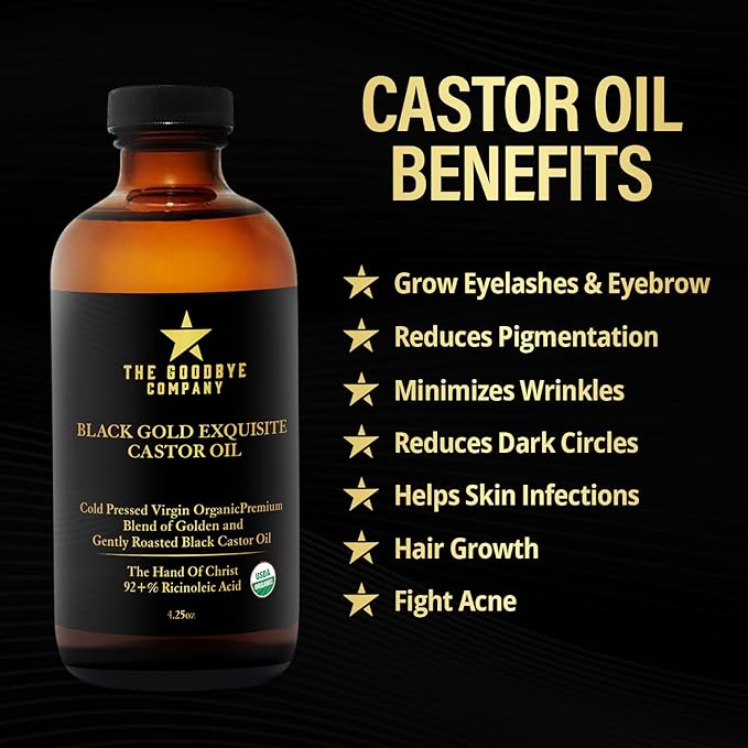 The Goodbye Company Black & Gold Castor Oil Blend – USDA Organic, Cold-Pressed & Unrefined – Pure Hexane-Free Oil for Hair, Skin, Body, Eyelashes & Eyebrows
