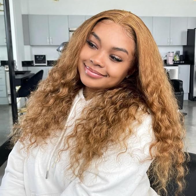 BQRIH #27 Honey Blonde Water Wave Bundles with 4x4 Closure Pre Plucked Human Hair 18 20 22+16, 12A Virgin Brazilian Curly Weaves Soft Bouncy Wet n Wavy Colored 3 Bundles with Transparent Lace Closure