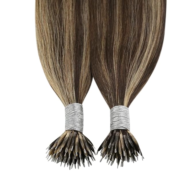YoungSee Nano Hair Extensions Real Human Hair Brown Nano Beads Hair Extensions Human Hair Dark Brown Highlight Caramel Blonde for Long Hair Silky Straight Natural Looking 24in 50s 50g