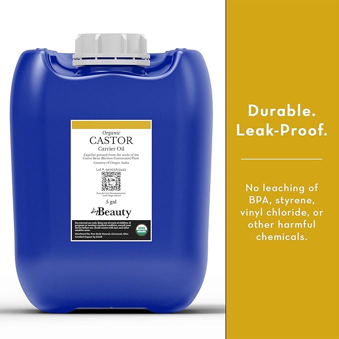 Bulk Castor Oil - Unrefined, Expeller Pressed, USDA Organic - Large 5 Gallon Jerrican - 100% Pure & Undiluted Aceite De Ricino - for Skin, Eyelashes, Eyebrows, and Hair Growth