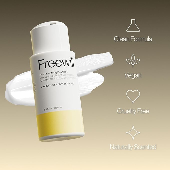 Freewill Frizz Smoothing Shampoo, Sulfate-Free Cleanser with Shea Butter, Coconut Oil & Jojoba, Vegan Hydrating Shampoo for Curly, Wavy, Frizzy, Dry Hair, Lightweight Moisture Boost, 8.5 fl oz