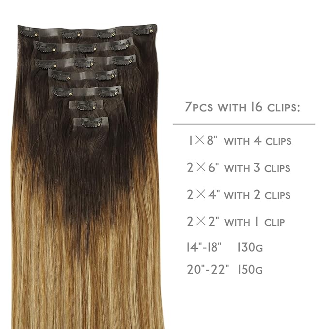 WENNALIFE Seamless Clip In Hair Extensions, 20 Inch 150g 7pcs Dark Brown to Chestnut Brown and Dirty Blonde Hair Extensions Clip in Human Hair Invisible PU Skin Weft Remy Human Hair Extensions