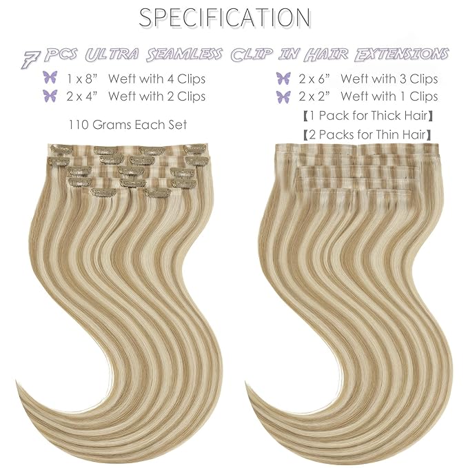 Lacer Clip in Hair Extensions 22in Seamless Clip in Hair Extensions Golden Blonde Highlight Platinum Blonde Highlight Clip in Hair Extensions 7Pcs Invisible PU Skin Weft For Women 110G