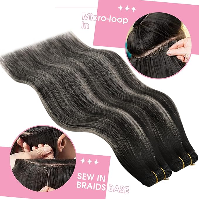 YoungSee 125G Weft Hair Extensions Human Hair Ombre Black Sew in Extensions Human Hair Blend Of Black And Silver with Black Roots Sew in Real Hair Extensions 22In Long Hair Weft