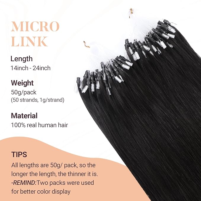 MAXITA Microlink Hair Extensions Human Hair Natural Black Micro Bead Hair Extensions Virgin Human Hair, 50g/50 Strands/Pack, 18 In