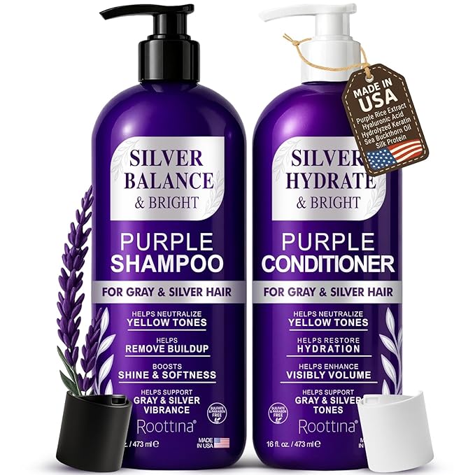 Sulfate Free Brass Toning Purple Shampoo and Conditioner Set for Gray, Blonde, Silver & White Hair – Neutralizes Brassy Tones, Boosts Brightness, Protects Color, Made in USA, 16 fl oz Each