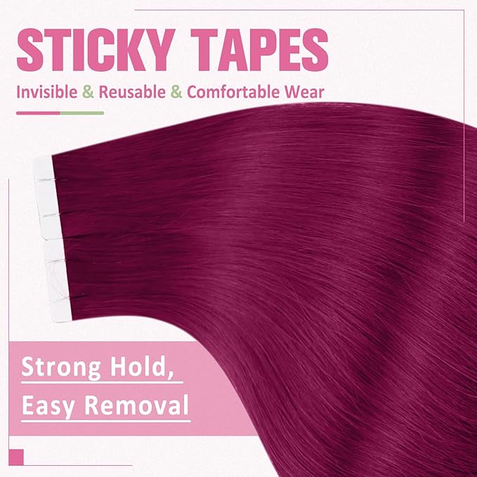 YoungSee Tape in Hair Extensions Real Human Hair Magenta Human Hair Extensions Tape in Color 20In Red Hair Extensions Tape in for Girls 10pcs 25g Tape in Extensions Magenta for Girls Party Highlights