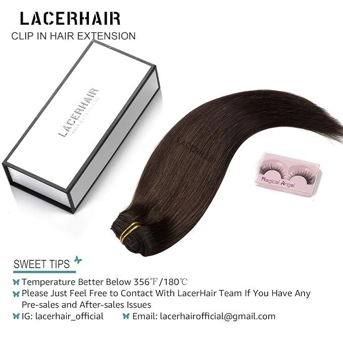 Lacer Clip in Hair Extensions Real Human Hair, Warm Dark Brown 120g 7pcs 16 Inch Real Human Hair Extensions Clip in Straight Remy Hair Extensions for Women