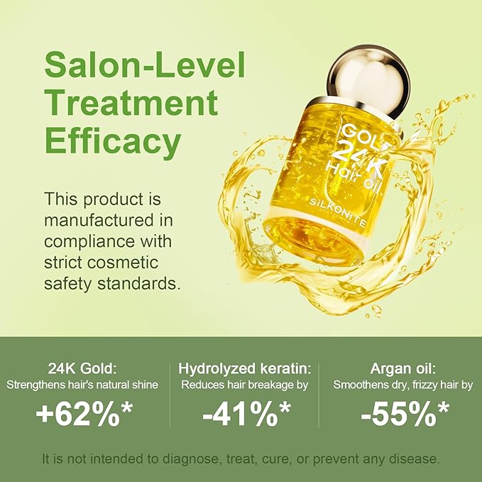 24K Gold & Argan Hair Oil Treatment – 100% Plant-Based Extract, Nourishes & Strengthens, Boosts Shine & Controls Frizz, Non-Greasy Formula for All Hair Types, 1.69 fl oz