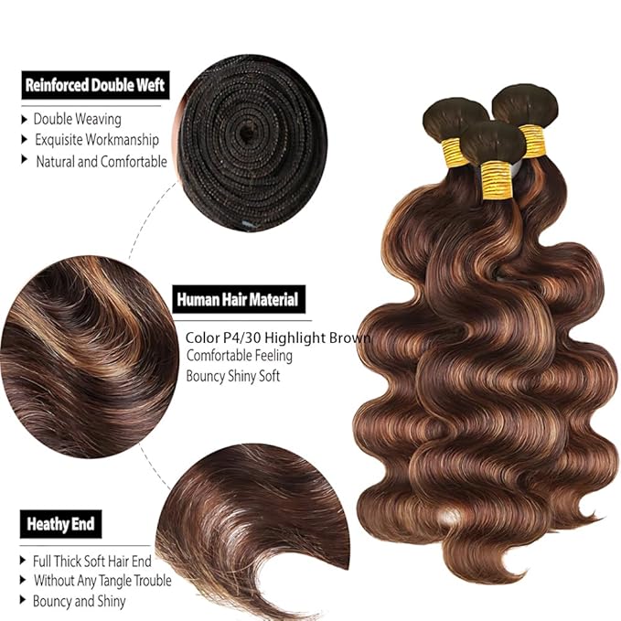 P430 Highlight Body Wave Bundles 10 12 14 Inch Human Hair Chocolate Brown and Brown Bundles Mix Two Tone Double Weft Weave Brazilian Human Hair Extensions Silky and Soft