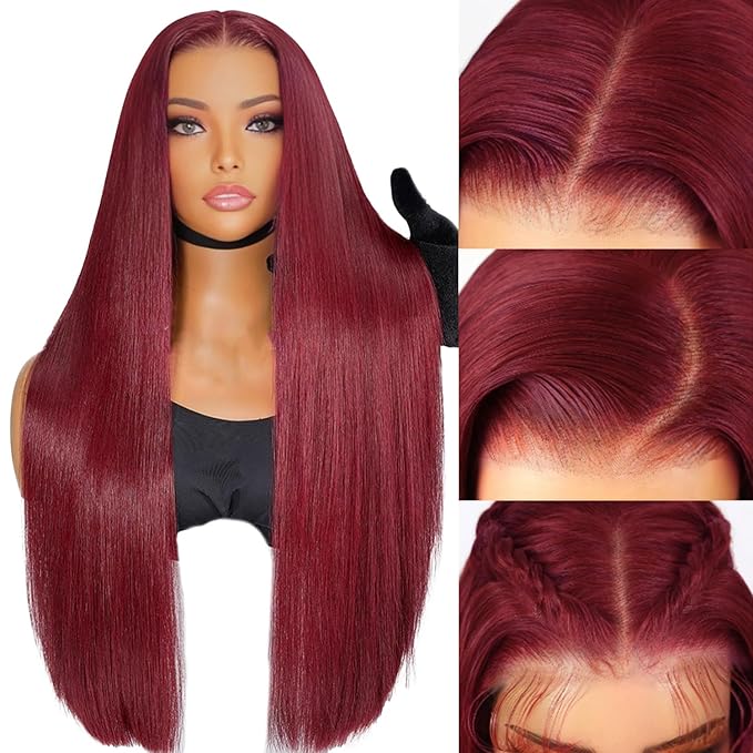 99j Burgundy Lace Front Wigs Human Hair Pre Plucked 9x6 HD Lace Red Wig Human Hair Wear And Go Glueless Wigs 220 Density Red Straight Wig for Women with Baby Hair 28Inch