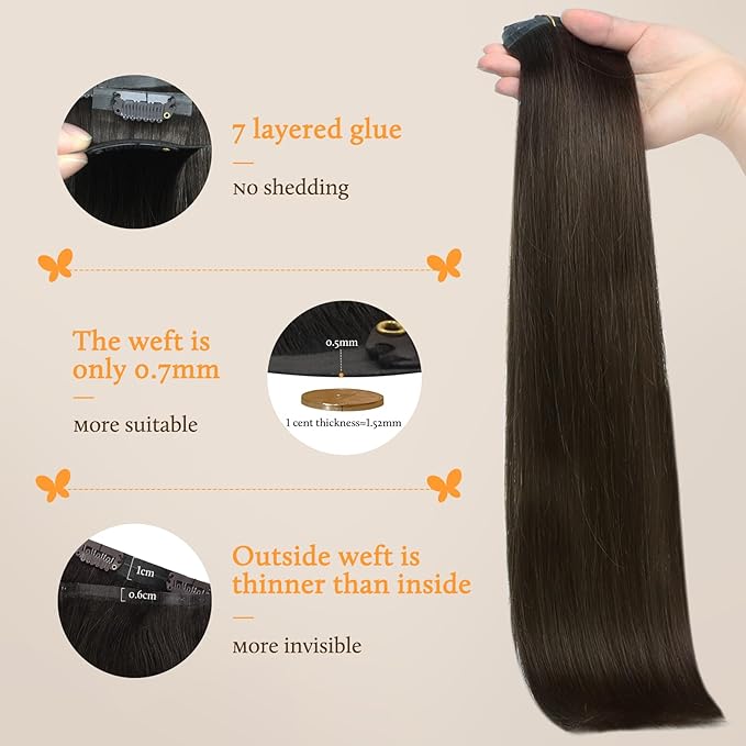 DOORES Clip in Hair Extensions, Dark Brown 130g 7pcs 16 Inch, Invisible Edge Clip Extensions Remy Weft for Women Silky Straight Weft
