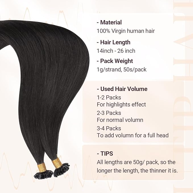 MAXITA U Tip Hair Extensions Human Hair, Natural Black Hair Extensions Real Human Hair, 50g/50 Strands/Pack, 24 In Virgin Human Hair