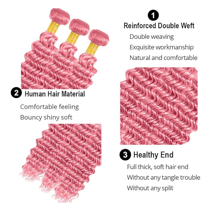 Pink Bundles Human Hair Pure Pink Deep Wave Bundle Peruvian Unprocessed Virgin Remy 3 Bundles 20 22 24 Inch Double Weft Hair Weave 300g