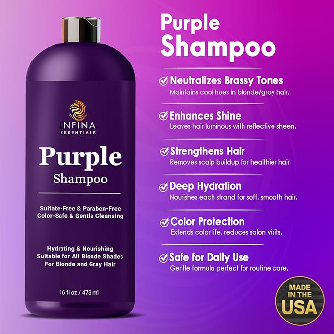 Purple Shampoo for Blondes, Gray, Brassy & Color Treated Hair, Sulfate Free, Enriched with Green Tea & Chamomile & Avocado Oil - Nourishing & Hydrating Blonde Shampoo - 16 fl oz