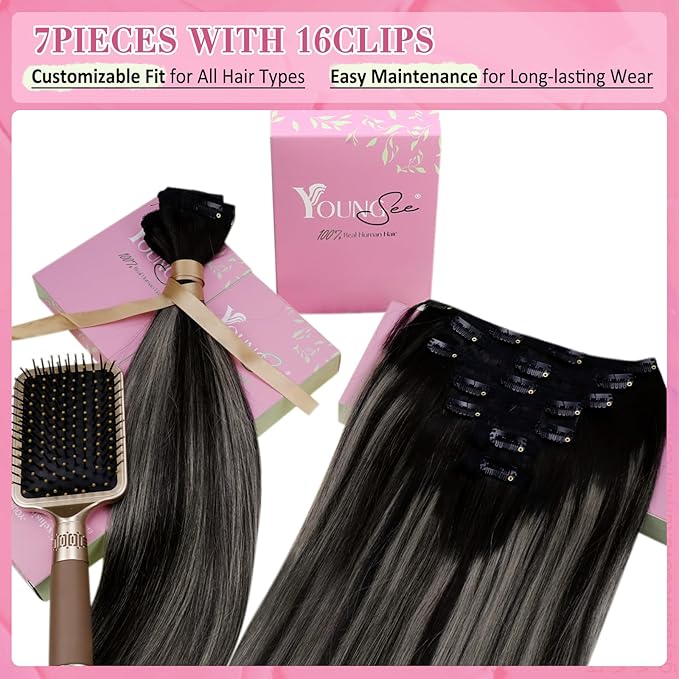 YoungSee 135G Clip in Hair Extensions Ombre Clip in Hair Extensions Human Hair Blend of Black and Silver with Black Roots Black Women for Natural Look 16In
