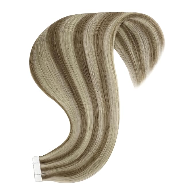 YoungSee Tape in Extensions Human Hair Highlight Brown Tape Hair Extensions Real Human Hair Light Brown Highlight Blonde Tapein Hair Extensions Real Human Hair Remy Silky Straight 16 Inch 20pcs 50g