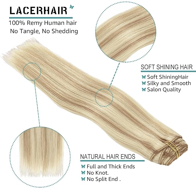 Lacer Hair Clip In Hair Extensions Human Virgin Hair Thick Weft Light Brown And Platinum Blonde Highlights Color Metal Clip Salon Quality Straight Clip In Hair Extension 7 Pieces 140 Gram 22 Inch