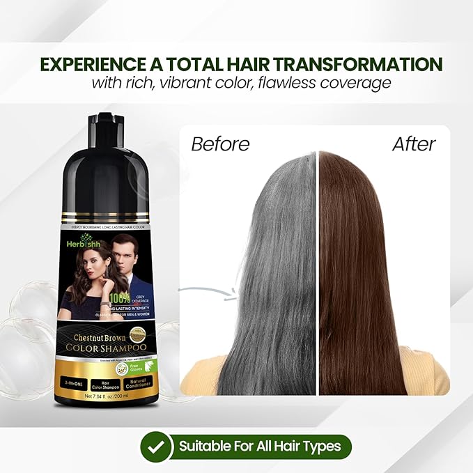Herbishh Chestnut Brown Shampoo, Hair Dye Shampoo 3 in 1, 100% Grey Coverage, Demi-Permanent Hair Color for Men & Women, Long-lasting Color in 20-25 Mins, Ammonia-free, 200 ml