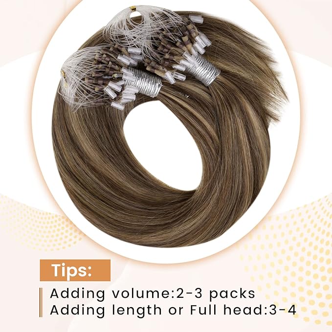 RUNATURE Microlinks Humam Hair Extensions for Women Silky Brown Highlight Blonde 16 Inch Micro Beads Remy Hair Extensions Natural Pre Bonded Micro Loop Real Human Hair Extensions Straight 50g 50 Strands