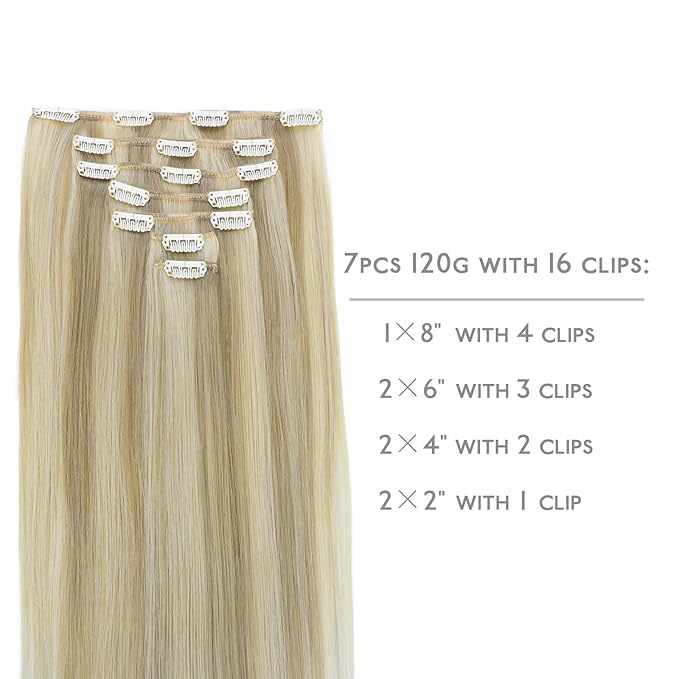 WENNALIFE Clip in Hair Extensions Real Human Hair, 24 Inch 140g 7pcs Remy Hair, Ash Blonde Highlighted Platinum Blonde Straight Natural Extensiones De Cabello Humano Con Clip Ins
