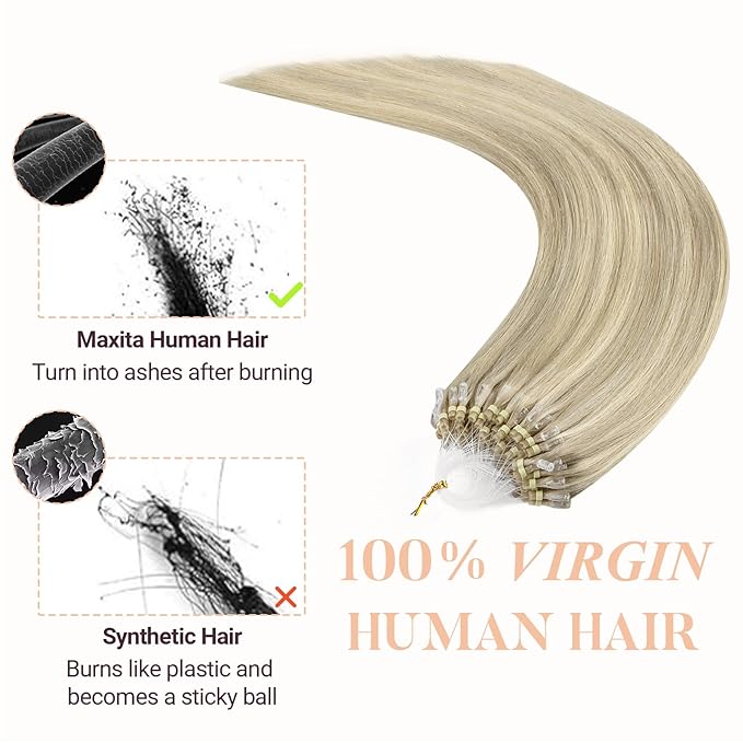 MAXITA Microlink Hair Extensions Human Hair, Ash Blonde Highlighted Platinum Blonde Micro Bead Hair Extensions Virgin Human Hair, 50g/50 Strands/Pack, 22 In