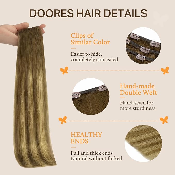 DOORES Human Hair Clip in Extensions, Medium Brown Highlighted Dirty Blonde 24 Inch 150g 9pcs, Real Hair Extensions Clip in Human Hair Extensions Human Hair Natural Thick Silky Straight Hair