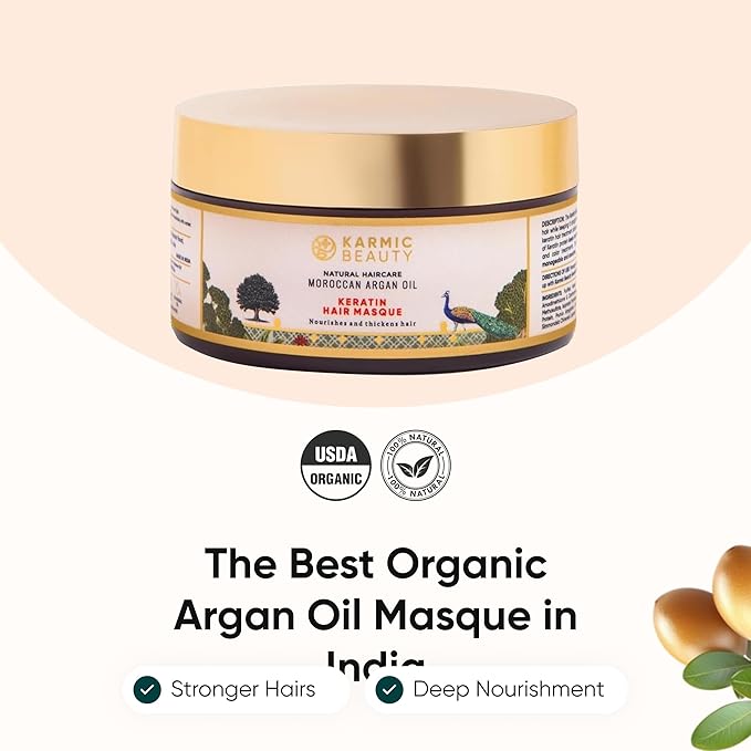 100% Organic Moroccan Argan Oil & Natural Keratin Masque | For Dry, Damaged & Color Treated Hair | Cold Prerssed Oils for Deep Nourishment | Sulfates, Parabens & Cruelty Free | 3.4 oz
