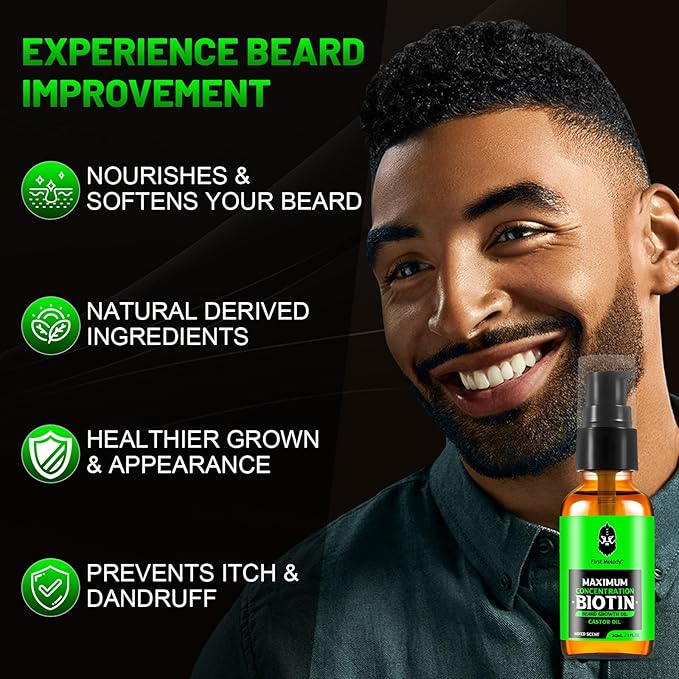 Beard Oil,Maximun Thickening Biotin, with Castor Oil and Argan & Jojoba Oils, Promotes Beard Growth, Styles, Strengthens & Softens Beards & Mustaches,1 Ounce*2(2 Pack)