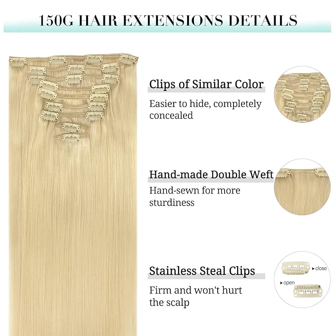 DOORES Clip in Hair Extensions Real Human Hair, Bleach Blonde 150g 9pcs 18 Inch, Remy Clip in Hair Extensions Natural Hair Extensions Human Hair Extensions Clip ins Straight Thick Hair Extensions