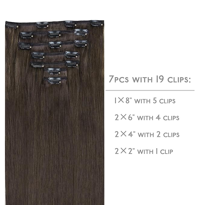 WENNALIFE Clip in Hair Extensions Real Human Hair, 20 Inch 120g 7pcs Human Hair Extensions Clip In Human Hair, Cool Dark Brown Clip In Real Hair Coloured Remy Human