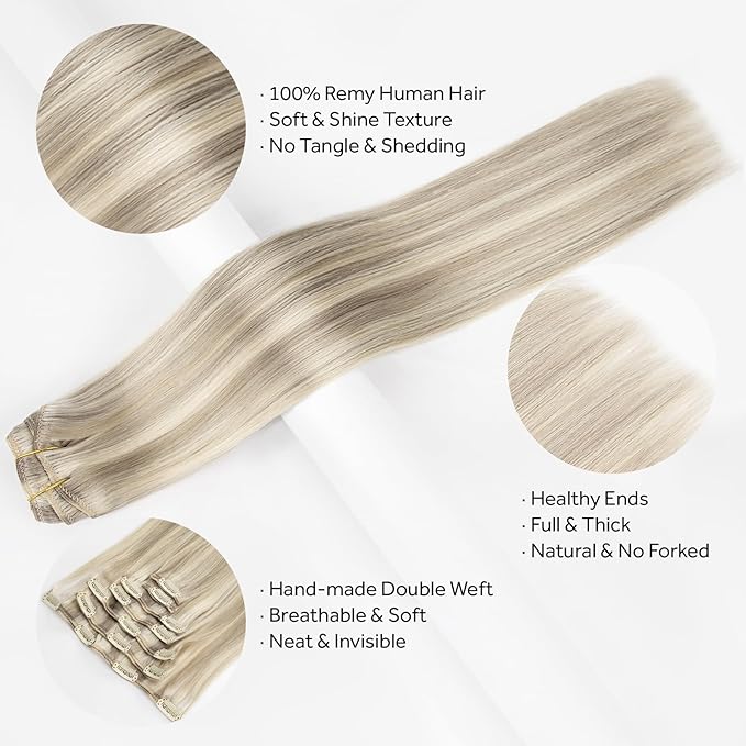 Clip in Hair Extensions Real Human Hair, Remy Hair Extensions Clip In Human Hair Thick and Silky, Ash Blonde Highlighted Platinum Blonde #P17A/60A 18Inch 120G 7PCS