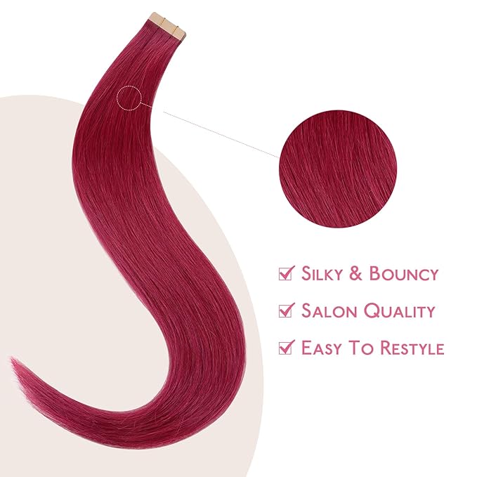 WENNALIFE Tape in Hair Extensions Human Hair Burgundy Red Tape in Extensions, 10pcs 20g 12 inch Remy Invisible Tape Ins Straight Colored Soft Real Human Hair Tape in Extensions Refill Set Extensions