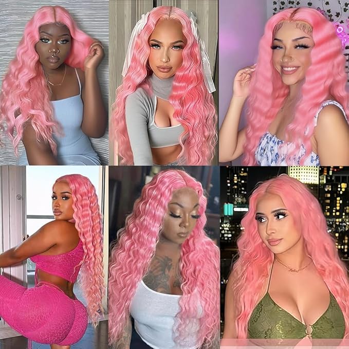 Pink Bundles Human Hair Pure Pink Deep Wave Bundle Peruvian Unprocessed Virgin Remy 3 Bundles 20 22 24 Inch Double Weft Hair Weave 300g