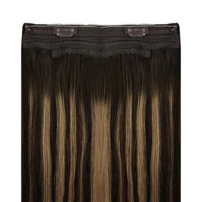 YoungSee 120G Wire Hair Extensions Brown Invisible Wire Human Hair Extensions Dark Brown Fading To Caramel Blonde Mix Brown Balayage Straight Hair Extensions Wire 16Inch