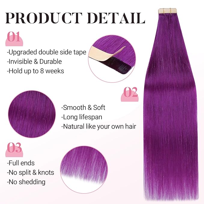MAXITA Tape in Hair Extensions Human Hair Purple Tape in Extensions 10pcs 30g 22 Inch Colored Invisible Real Human Hair Extension Soft Straight Glue in Hair Extensions for Women