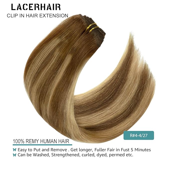 Lacer 22 Inch Highlight Chocolate Brown to Caramel Blonde Remy Clip in Human Hair Extensions Straight Balayage Real Natural Hair Extensions 140g 7pcs