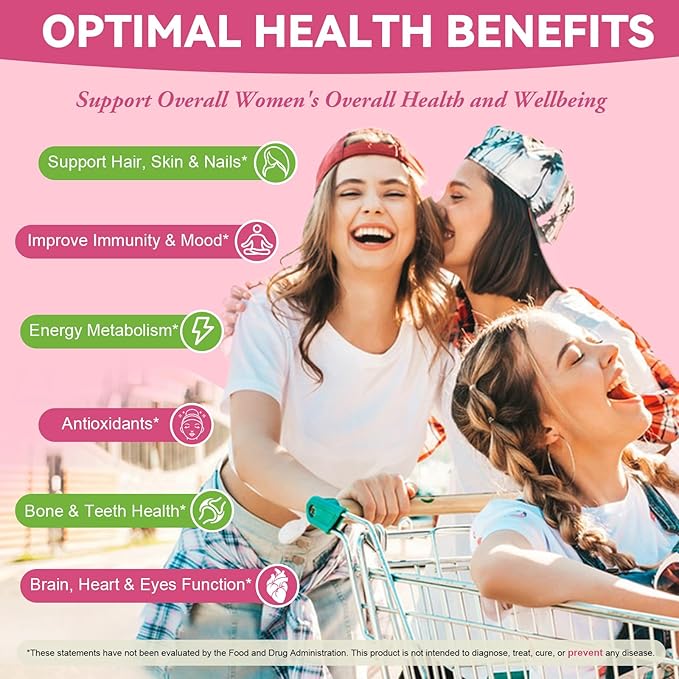 Sugar Free Multivitamin Gummies for Women 14+ w/Iron, Inositol, Folate, Biotin, Womens Daily Multivitamin Gummy w/Vitamin A, C, B, D3, K2, for Hair, Skin, Energy, Immune, Peach Flavor